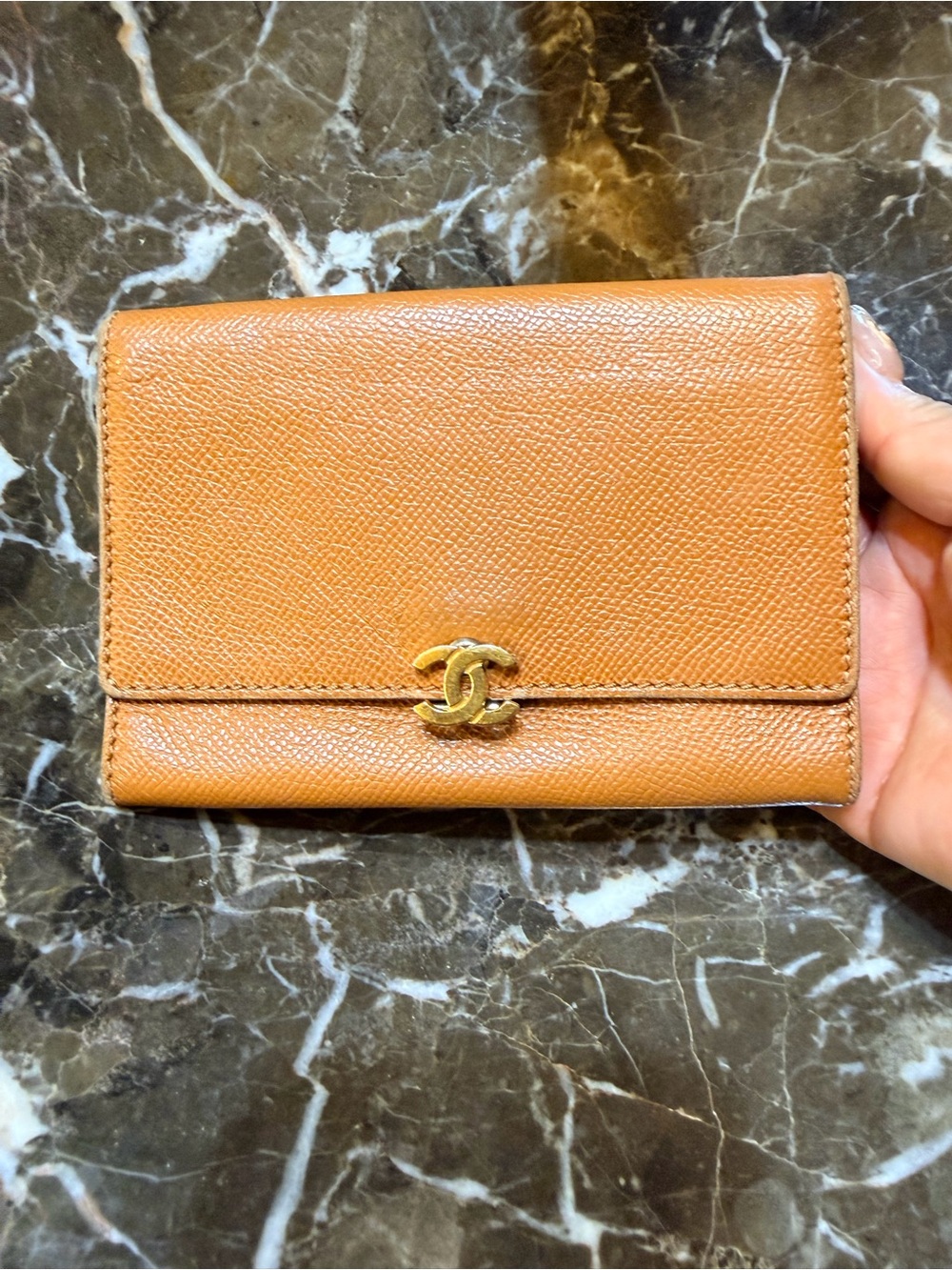 Vintage. CHANEL Caramel Brown Leather Compact Wallet with Gold CC